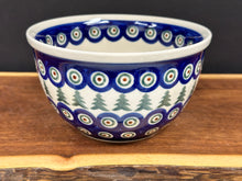 Load image into Gallery viewer, Bowl, Pre-owned 6.25&quot; x 3.5&quot; Deep Dough Bowl - Evergreen Trees &amp; Peacock Dots
