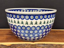 Load image into Gallery viewer, Bowl, Pre-owned 10&quot; x 5.75&quot; Deep Dough Bowl - Evergreen Trees &amp; Peacock Dots
